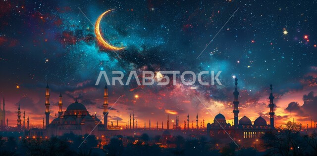 قدوم شهر الخير, رسوم توضيحية ثلاثية الابعاد للمآذن والقبب للمساجد الإسلامية، الديكورات والتصاميم الهندسية المميزة في رمضان المبارك، زينة الاعياد والمناسبات الدينية، العبادة والتقرب إلى الله تعالى, خلفية السماء المرصعه بالنجوم مع القمر المضيء ليلا