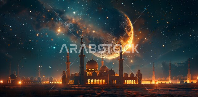 قدوم شهر الخير, رسوم توضيحية ثلاثية الابعاد للمآذن والقبب للمساجد الإسلامية، الديكورات والتصاميم الهندسية المميزة في رمضان المبارك، زينة الاعياد والمناسبات الدينية، العبادة والتقرب إلى الله تعالى, خلفية السماء المرصعه بالنجوم مع القمر المضيء ليلا