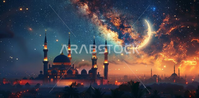 قدوم شهر الخير, رسوم توضيحية ثلاثية الابعاد للمآذن والقبب للمساجد الإسلامية، الديكورات والتصاميم الهندسية المميزة في رمضان المبارك، زينة الاعياد والمناسبات الدينية، العبادة والتقرب إلى الله تعالى, خلفية السماء المرصعه بالنجوم مع القمر المضيء ليلا
