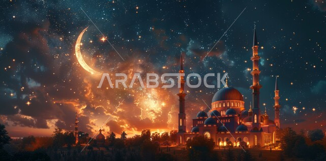 قدوم شهر الخير, رسوم توضيحية ثلاثية الابعاد للمآذن والقبب للمساجد الإسلامية، الديكورات والتصاميم الهندسية المميزة في رمضان المبارك، زينة الاعياد والمناسبات الدينية، العبادة والتقرب إلى الله تعالى, خلفية السماء المرصعه بالنجوم مع القمر المضيء ليلا