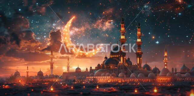 قدوم شهر الخير, رسوم توضيحية ثلاثية الابعاد للمآذن والقبب للمساجد الإسلامية، الديكورات والتصاميم الهندسية المميزة في رمضان المبارك، زينة الاعياد والمناسبات الدينية، العبادة والتقرب إلى الله تعالى, خلفية السماء المرصعه بالنجوم مع القمر المضيء ليلا