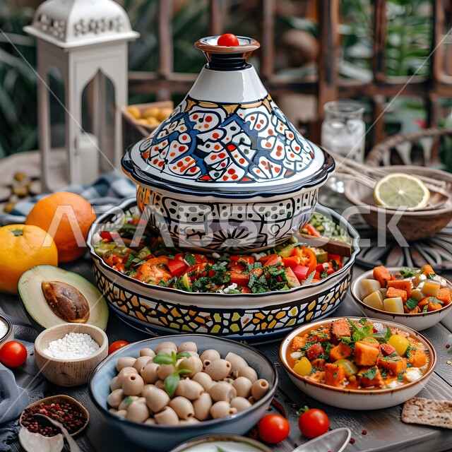 تقديم المأكولات الشعبية التقليدية الشهية، الولائم والعزائم في الأعياد والمناسبات، الأصناف والأطباق والمقبلات العربية الشرقية اللذيذة، مائدة طعام مليئة بالوجبات المتنوعة 