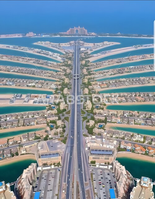 مناطق ومنتجعات سياحية مشهورة في الإمارات العربية المتحدة، أنشطة صيفية ترفيهية، جذب واستقطاب السياح من انحاء العالم، الواجهة البحرية على ساحل الخليج العربي، صورة جوية لجزيرة نخلة الجميرا بمدينة دبي في النهار
