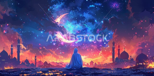 العبادة والتقرب الى الله، البهجة بقدوم شهر الخير، رسوم توضيحية ثلاثية الأبعاد للمساجد المضيئة ليلا مع هلال رمضان المبارك باللون الذهبي في السماء مع الغيوم المتفرقة، شابة تقوم بالدعاء والطلب من رب العالمين، الاحتفال بالأعياد و المناسبات الدينية الإسلامية
