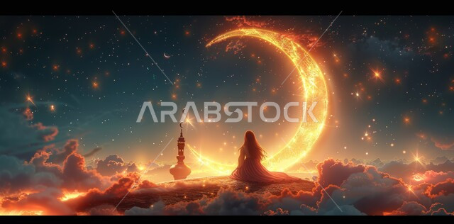 العبادة والتقرب الى الله، البهجة بقدوم شهر الخير، رسوم توضيحية ثلاثية الأبعاد للمساجد المضيئة ليلا مع هلال رمضان المبارك باللون الذهبي في السماء مع الغيوم المتفرقة، شابة تقوم بالدعاء والطلب من رب العالمين، الاحتفال بالأعياد و المناسبات الدينية الإسلامية