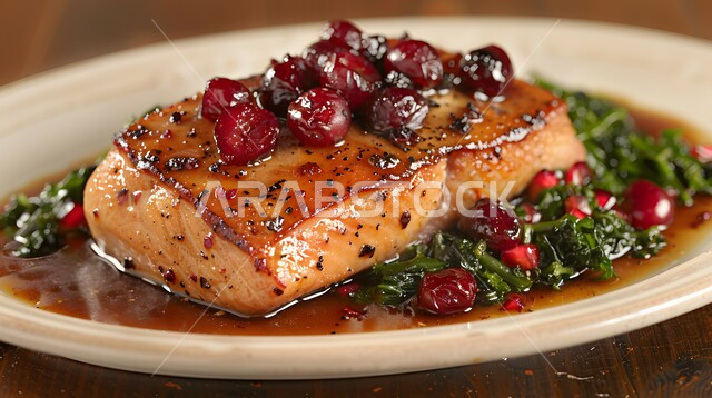 صحن مزين سمك السالمون المشوي مع الخضار، وجبة ذات قيمة غذائية عالية، فنون التقديم في مطاعم ومطابخ المملكة العربية السعودية، أطباق من المأكولات العربية التقليدية الشعبية، وصفات طعام شهية صحية ولذيذة