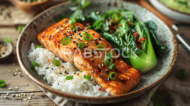 صحن مزين سمك السالمون المشوي مع الخضار، وجبة ذات قيمة غذائية عالية، فنون التقديم في مطاعم ومطابخ المملكة العربية السعودية، أطباق من المأكولات العربية التقليدية الشعبية، وصفات طعام شهية صحية ولذيذة