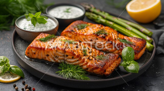 صحن مزين سمك السالمون المشوي مع الخضار، وجبة ذات قيمة غذائية عالية، فنون التقديم في مطاعم ومطابخ المملكة العربية السعودية، أطباق من المأكولات العربية التقليدية الشعبية، وصفات طعام شهية صحية ولذيذة