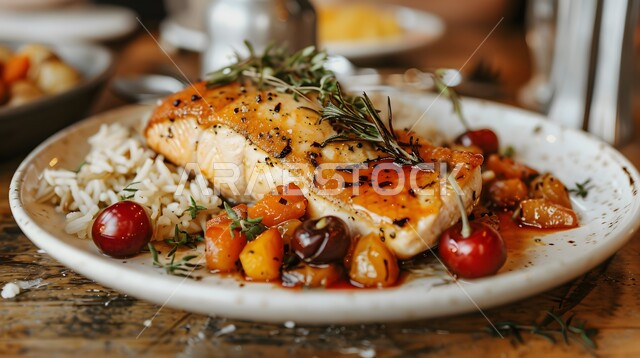 صحن مزين سمك السالمون المشوي مع الخضار، وجبة ذات قيمة غذائية عالية، فنون التقديم في مطاعم ومطابخ المملكة العربية السعودية، أطباق من المأكولات العربية التقليدية الشعبية، وصفات طعام شهية صحية ولذيذة