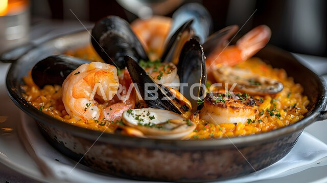 ريزوتو المأكولات البحرية مع بلح البحر والروبيان، وجبة ذات قيمة غذائية عالية، فنون التقديم في مطاعم ومطابخ المملكة العربية السعودية، أطباق من المأكولات العربية التقليدية الشعبية، وصفات طعام شهية صحية ولذيذة