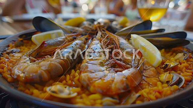 ريزوتو المأكولات البحرية مع بلح البحر والروبيان، وجبة ذات قيمة غذائية عالية، فنون التقديم في مطاعم ومطابخ المملكة العربية السعودية، أطباق من المأكولات العربية التقليدية الشعبية، وصفات طعام شهية صحية ولذيذة