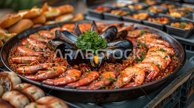 ريزوتو المأكولات البحرية مع بلح البحر والروبيان، وجبة ذات قيمة غذائية عالية، فنون التقديم في مطاعم ومطابخ المملكة العربية السعودية، أطباق من المأكولات العربية التقليدية الشعبية، وصفات طعام شهية صحية ولذيذة