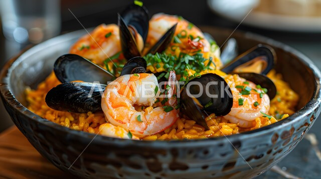 ريزوتو المأكولات البحرية مع بلح البحر والروبيان، وجبة ذات قيمة غذائية عالية، فنون التقديم في مطاعم ومطابخ المملكة العربية السعودية، أطباق من المأكولات العربية التقليدية الشعبية، وصفات طعام شهية صحية ولذيذة