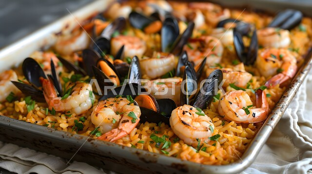 ريزوتو المأكولات البحرية مع بلح البحر والروبيان، وجبة ذات قيمة غذائية عالية، فنون التقديم في مطاعم ومطابخ المملكة العربية السعودية، أطباق من المأكولات العربية التقليدية الشعبية، وصفات طعام شهية صحية ولذيذة