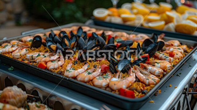 ريزوتو المأكولات البحرية مع بلح البحر والروبيان، وجبة ذات قيمة غذائية عالية، فنون التقديم في مطاعم ومطابخ المملكة العربية السعودية، أطباق من المأكولات العربية التقليدية الشعبية، وصفات طعام شهية صحية ولذيذة