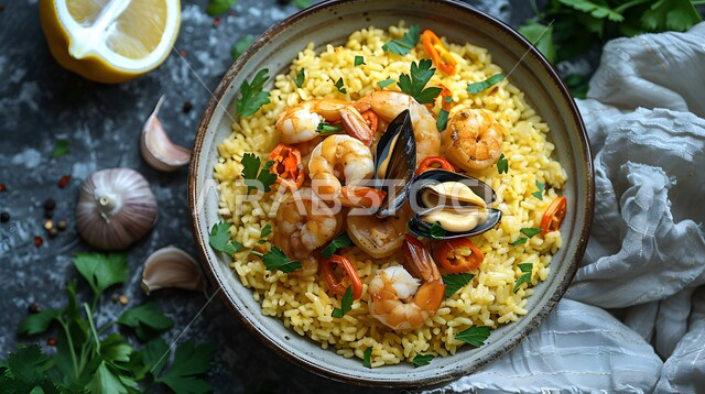 ريزوتو المأكولات البحرية مع بلح البحر والروبيان، وجبة ذات قيمة غذائية عالية، فنون التقديم في مطاعم ومطابخ المملكة العربية السعودية، أطباق من المأكولات العربية التقليدية الشعبية، وصفات طعام شهية صحية ولذيذة