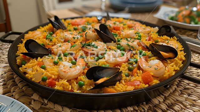 ريزوتو المأكولات البحرية مع بلح البحر والروبيان، وجبة ذات قيمة غذائية عالية، فنون التقديم في مطاعم ومطابخ المملكة العربية السعودية، أطباق من المأكولات العربية التقليدية الشعبية، وصفات طعام شهية صحية ولذيذة