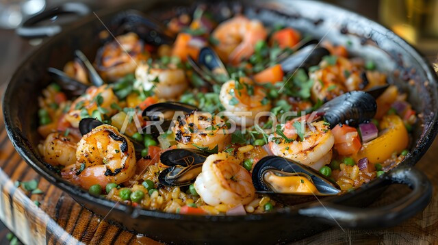 ريزوتو المأكولات البحرية مع بلح البحر والروبيان، وجبة ذات قيمة غذائية عالية، فنون التقديم في مطاعم ومطابخ المملكة العربية السعودية، أطباق من المأكولات العربية التقليدية الشعبية، وصفات طعام شهية صحية ولذيذة