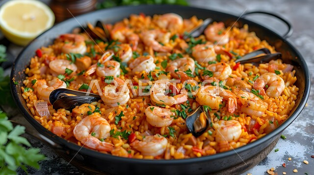 ريزوتو المأكولات البحرية مع بلح البحر والروبيان، وجبة ذات قيمة غذائية عالية، فنون التقديم في مطاعم ومطابخ المملكة العربية السعودية، أطباق من المأكولات العربية التقليدية الشعبية، وصفات طعام شهية صحية ولذيذة