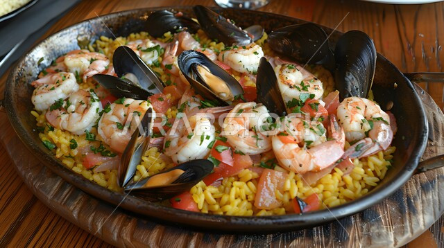 ريزوتو المأكولات البحرية مع بلح البحر والروبيان، وجبة ذات قيمة غذائية عالية، فنون التقديم في مطاعم ومطابخ المملكة العربية السعودية، أطباق من المأكولات العربية التقليدية الشعبية، وصفات طعام شهية صحية ولذيذة