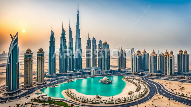 بناء مستقبل حضاري متطور في دبي، المنشآت والمباني التجارية الشاهقة، الفنون والتصاميم المعمارية الحديثة، الأبراج وناطحات السحاب في الامارات العربية المتحدة، منظر تخيلي مستقبلي للتقدم والنمو العمراني، تحسين وتطوير البنية التحتية