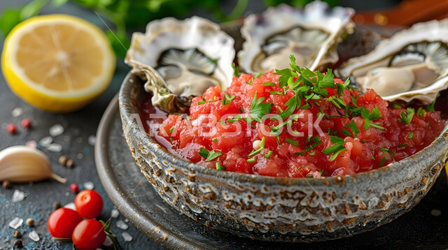 طبق من المحار الطازج على الثلج مع الليمون والصلصة، وجبة ذات قيمة غذائية عالية، فنون التقديم في مطاعم ومطابخ المملكة العربية السعودية، أطباق من المأكولات العربية التقليدية الشعبية، وصفات طعام شهية صحية ولذيذة