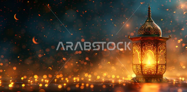 البهجة بقدوم الأعياد والمناسبات الدينية الإسلامية، صورة مقربة لفانوس معدني مزخرف مضيء، الأجواء الرمضانية الروحانية الهادئة, زينة وديكورات وتحف تقليدية، الاحتفال بقدوم شهر رمضان المبارك