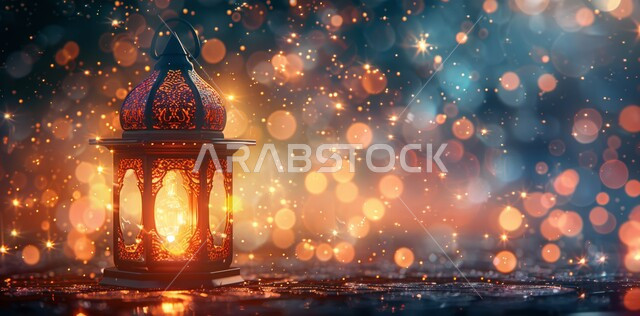 البهجة بقدوم الأعياد والمناسبات الدينية الإسلامية، صورة مقربة لفانوس معدني مزخرف مضيء، الأجواء الرمضانية الروحانية الهادئة, زينة وديكورات وتحف تقليدية، الاحتفال بقدوم شهر رمضان المبارك