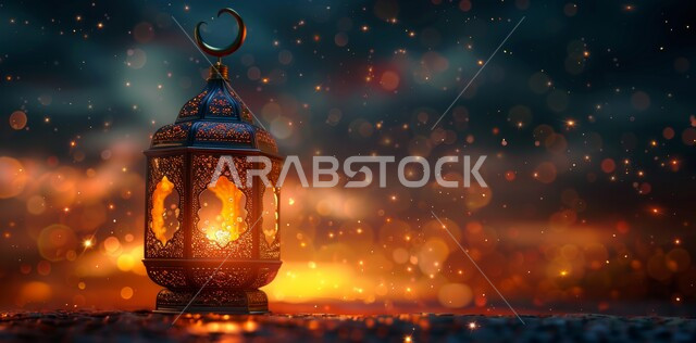 Joy of Islamic religious holidays and occasions, close-up of illuminated decorative metal lantern, calm spiritual Ramadan atmosphere, traditional decorations and artifacts, celebrating the arrival of the holy month of Ramadan