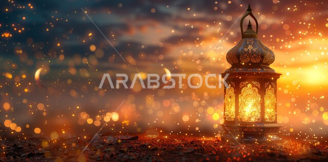 البهجة بقدوم الأعياد والمناسبات الدينية الإسلامية، صورة مقربة لفانوس معدني مزخرف مضيء، الأجواء الرمضانية الروحانية الهادئة, زينة وديكورات وتحف تقليدية، الاحتفال بقدوم شهر رمضان المبارك