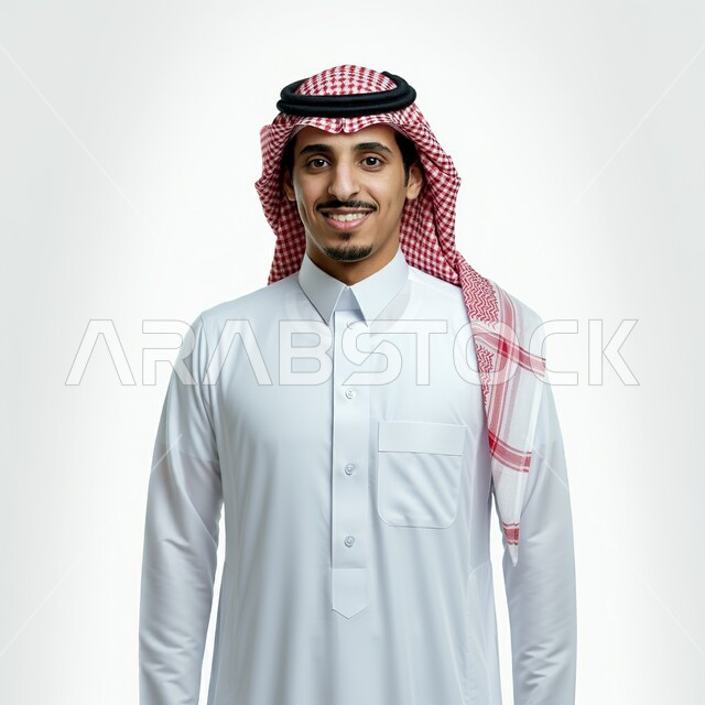 الرجولة والقوة والثقة بالنفس، بورتريه مقرب لرجل عربي خليجي سعودي مبتسم يرتدي الشماغ والثوب التقليدي ينظر إلى الكاميرا بإيماءات السرور والفرح، مفهوم الاهتمام في المظهر الخارجي، خلفيه بيضاء