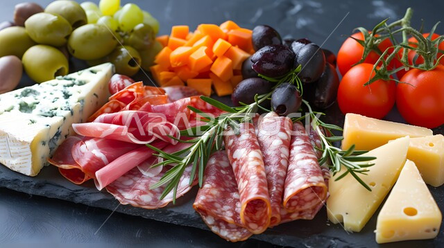 فطور فاخر وشهي، طبق مقبلات بالسلامي والزيتون والطماطم، وجبة ذات قيمة غذائية عالية، فنون التقديم في مطاعم ومطابخ المملكة العربية السعودية، أطباق من المأكولات العربية التقليدية الشعبية، وصفات طعام شهية صحية ولذيذة 