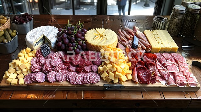 A luxurious and delicious breakfast, an appetizer plate with salami, olives and tomatoes, a meal with high nutritional value, the arts of presentation in restaurants and kitchens in the Kingdom of Saudi Arabia, dishes from traditional popular Arab cuisine, delicious, healthy and tasty food recipes