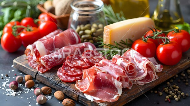 A luxurious and delicious breakfast, an appetizer plate with salami, olives and tomatoes, a meal with high nutritional value, the arts of presentation in restaurants and kitchens in the Kingdom of Saudi Arabia, dishes from traditional popular Arab cuisine, delicious, healthy and tasty food recipes