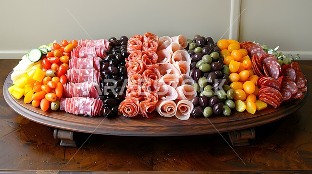 فطور فاخر وشهي، طبق مقبلات بالسلامي والزيتون والطماطم، وجبة ذات قيمة غذائية عالية، فنون التقديم في مطاعم ومطابخ المملكة العربية السعودية، أطباق من المأكولات العربية التقليدية الشعبية، وصفات طعام شهية صحية ولذيذة 