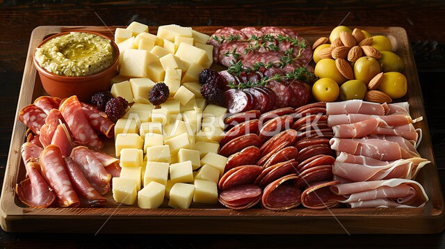 فطور فاخر وشهي، طبق مقبلات بالسلامي والزيتون والطماطم، وجبة ذات قيمة غذائية عالية، فنون التقديم في مطاعم ومطابخ المملكة العربية السعودية، أطباق من المأكولات العربية التقليدية الشعبية، وصفات طعام شهية صحية ولذيذة 