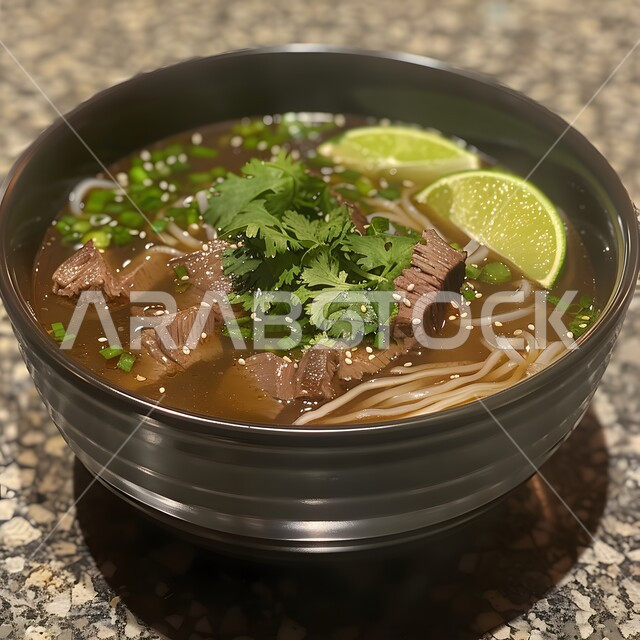 حساء فو اللذيذ مع لحم البقر والمعكرونة والليمون، وجبة ذات قيمة غذائية عالية، فنون التقديم في مطاعم ومطابخ المملكة العربية السعودية، أطباق من المأكولات العربية التقليدية الشعبية، وصفات طعام شهية صحية ولذيذة