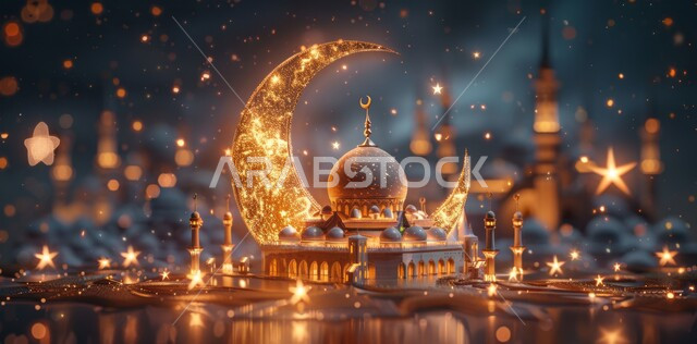 البهجة بقدوم الأعياد والمناسبات الدينية الإسلامية، صورة مقربة لمجسم مسجد مزخرف مضيء مع هلال، الأجواء الرمضانية الروحانية الهادئة, زينة وديكورات وتحف تقليدية، الاحتفال بقدوم شهر رمضان المبارك