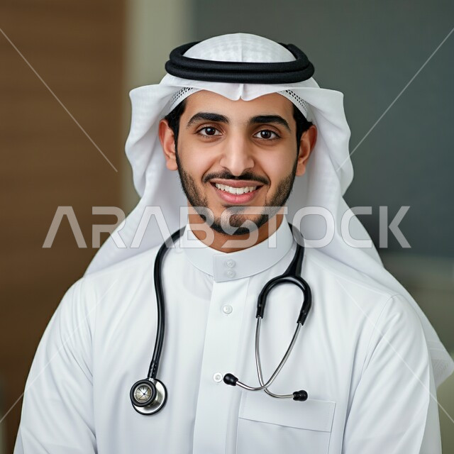 مفهوم الطب والرعاية الصحية، النظر الى الكاميرا بايماءات البشاشة، طبيب عربي سعودي خليجي مبتسم يرتدي الثوب التقليدي والشماغ ويضع السماعة الطبية حول عنقه،  الخدمات العلاجية وفي المستشفيات والمراكز الصحية، الفحص الطبي وتقديم الخدمات الصحية للمرضى