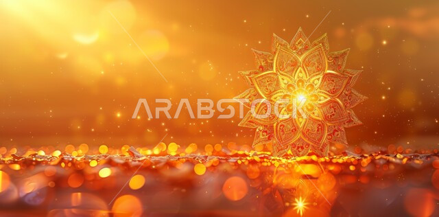 زينة وديكورات وتحف تقليدية، البهجة بقدوم الأعياد والمناسبات الدينية الإسلامية، صورة مقربة لمجسمات مزخرفة مضيئة وقت الغروب فوق الورود، الأجواء الرمضانية الروحانية الهادئة, الاحتفال بقدوم شهر رمضان المبارك