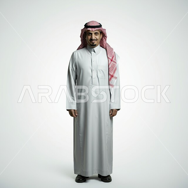 التقاط الصور الشخصية للوثائق الرسمية، مفهوم الرجولة والثقة بالنفس، بورتريه مقرب لرجل عربي خليجي سعودي يرتدي الثوب التقليدي والشماغ ينظر الى الكاميرا بتعابير السرور، الوقوف باستعداد واستقامة، الأناقة والاهتمام بالمظهر الخارجي، الطول الكامل للجسم, خلفية بيضاء