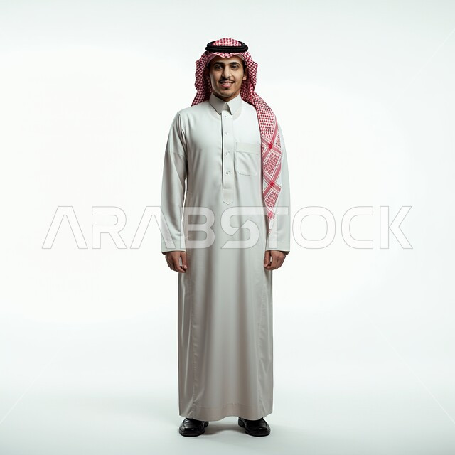 مفهوم الرجولة والثقة بالنفس، بورتريه مقرب لرجل عربي خليجي سعودي يرتدي الثوب التقليدي والشماغ ينظر الى الكاميرا بتعابير السرور الوقوف باستعداد واستقامة، الأناقة والاهتمام بالمظهر الخارجي، التقاط الصور الشخصية للوثائق الرسمية، الطول الكامل للجسم، خلفية بيضاء