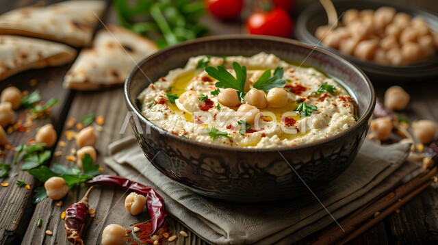 Delicious cold vegetarian appetizers, close up of a plate of delicious hummus topped with olive oil and sweet peppers with fresh pita bread, traditional popular food and dishes, Saudi Arabian oriental food recipes