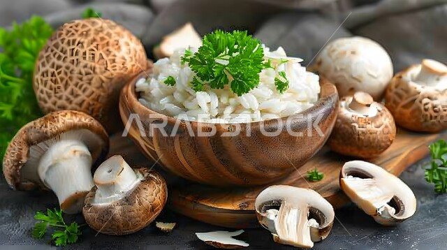 طبق أرز أبيض مع الفطر والبقدونس، وجبة ذات قيمة غذائية عالية، فنون التقديم في مطاعم ومطابخ المملكة العربية السعودية، أطباق من المأكولات العربية التقليدية الشعبية، وصفات طعام شهية صحية ولذيذة