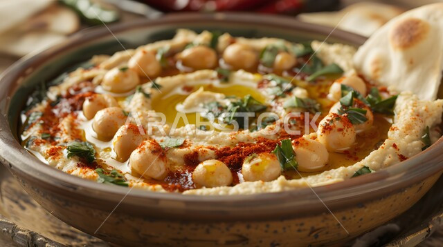 المقبلات النباتية الباردة اللذيذة، صورة مقربة لطبق من الحمص اللذيذ المزين بزيت الزيتون والفلفل الحلو مع خبز البيتا الطازج، مأكولات وأطباق شعبية تقليدية، وصفات طعام شرقية عربية سعودية