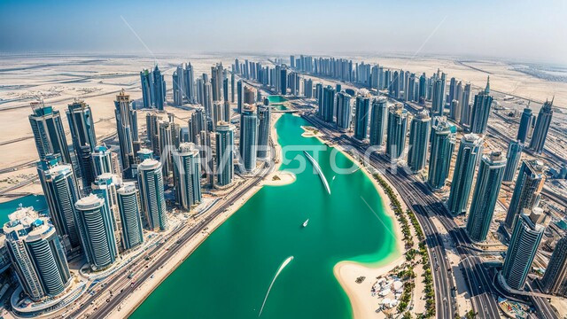 تحسين وتطوير البنية التحتية، المباني والمنشآت التجارية الشاهقة، بناء مستقبل حضاري متطور في دبي، الفنون والتصاميم المعمارية الحديثة، ناطحات السحاب والأبراج في الامارات العربية المتحدة، منظر تخيلي مستقبلي للتقدم والنمو العمراني