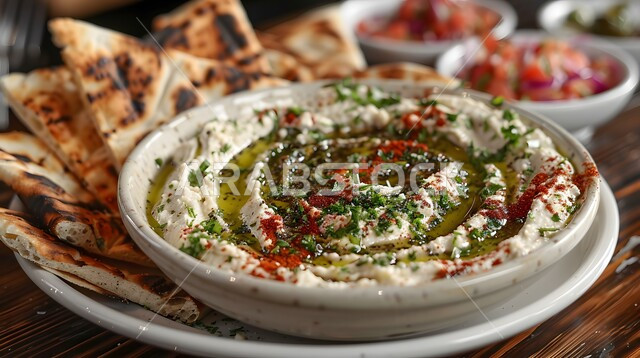 المقبلات النباتية الباردة اللذيذة، صورة مقربة لطبق من الحمص اللذيذ المزين بزيت الزيتون والفلفل الحلو مع خبز البيتا الطازج، مأكولات وأطباق شعبية تقليدية، وصفات طعام شرقية عربية سعودية