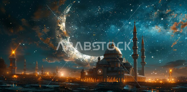 أجواء رمضانية وروحانية إسلامية, الاحتفال بشهر الخير، رسوم توضيحية ثلاثية الابعاد لقبب ومآذن المساجد المضيئة ليلا مع الهلال، البهجة بقدوم رمضان المبارك، زينة الاعياد والمناسبات الدينية, خلفية السماء المرصعه بالنجوم