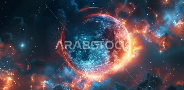 البهجة والاحتفال بقدوم شهر الخير، الأجواء الروحانية الهادئة، رسوم توضيحية ثلاثية الأبعاد لهلال رمضان المبارك باللون الذهبي في السماء مع الغيوم المتفرقة، الاحتفال بالأعياد و المناسبات الدينية الإسلامية