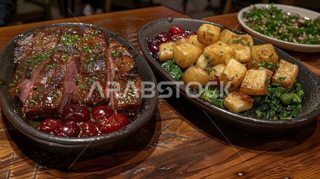 Delicious roasted potatoes with vegetables and duck breast, a meal with high nutritional value, the art of presentation in restaurants and kitchens in the Kingdom of Saudi Arabia, dishes from traditional popular Arab cuisine, delicious, healthy and delicious food recipes